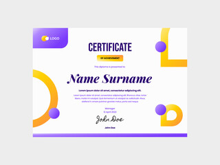 Professional and modern certificate template showcasing a sophisticated color scheme blending gradients of purple and yellow. The design is sleek and elegant.
