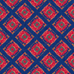 Indian boho summer bandana seamless symmetrical pattern. Versatile masculine red blue scarf print in kaleidoscopic floral ornamental style.