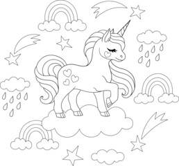 Obraz na płótnie Canvas Adorable unicorn on cloud with rainbows and shooting stars. Vector outline for coloring