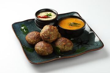 Kuzhi Paniyaram GREEN GRAM served with coconut chutney and sambar- South Indian breakfast