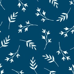 Simple floral vector seamless pattern. Light twigs, leaves on a dark blue background. For fabric prints, textiles, clothing, men's shirts.