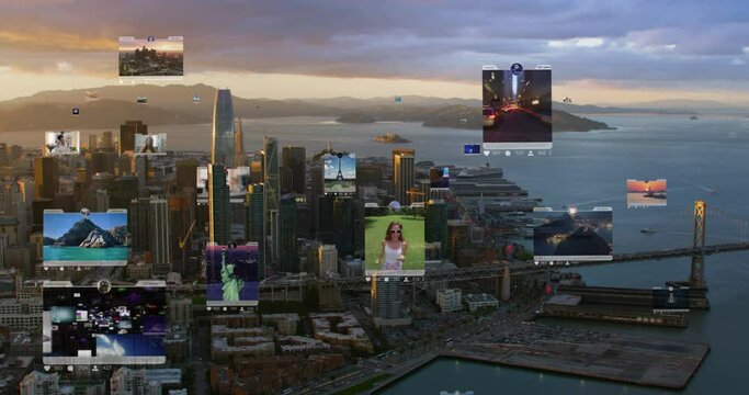 Connected Aerial City. Social Media Posts Displaying Several Videos And Images. Mobile Technology Concept, Augmented Reality, Internet of Things. Futuristic City. San Francisco, United States.