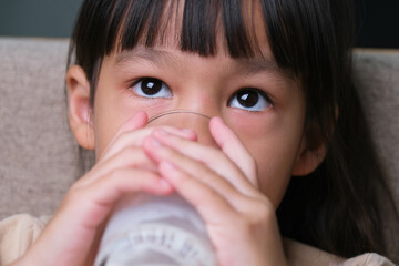 Portrait of a cute Asian little girl holding a glass of milk sitting on the sofa at home. Small girl at home with smiling face, feeling happy enjoying drinking milk and looking at camera.