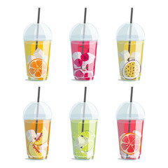 Plastic glasses with different fruit and berry juices or cocktails with ice and slices. Take away. Vector graphic.