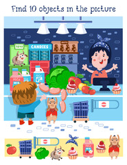 Find 10 hidden objects. Educational game for children. Cartoon characters in market. Vector color illustration. Cute boy and dog buy food in store. 