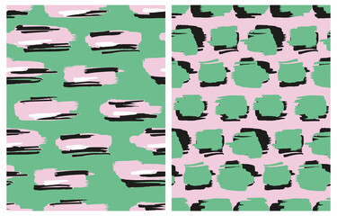 Simple Hand Drawn Irregular Geometric Vector Patterns. Brush Spots on a Green and Pink Background. Infantile Style Abstract Doodle Vector Print ideal for Fabric,Textile. Cool Pattern.