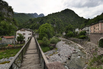Fototapeta na wymiar View of the small town of the Cassiglio 113 inhabitants in Brembana Valley Bergamo, Italy