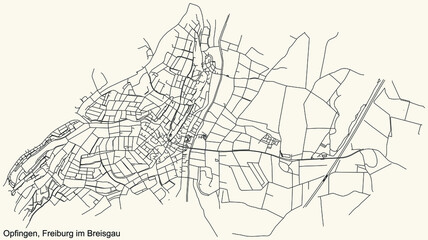 Detailed navigation black lines urban street roads map of the OPFINGEN DISTRICT of the German regional capital city of Freiburg im Breisgau, Germany on vintage beige background