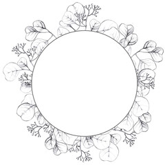 hand-drawing round frame with spring branches isolated on white