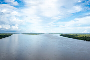 Amazon River Aerial View. Tropical Green Rainforest in Peru, South America. Bird's-eye view.