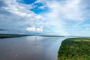 Amazon River Aerial View. Tropical Green Rainforest in Peru, South America. Bird's-eye view.