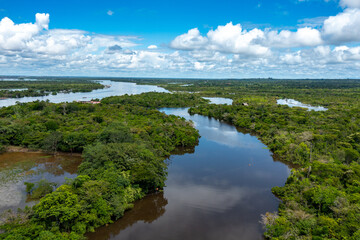 Peru. Aerial view of Rio Momon. Top View of Amazon Rainforest, near Iquitos, Peru. South America. 