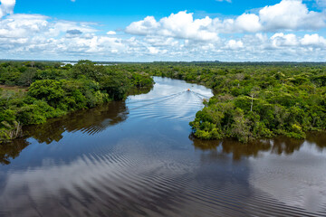 Fototapeta na wymiar Peru. Aerial view of Rio Momon. Top View of Amazon Rainforest, near Iquitos, Peru. South America. 
