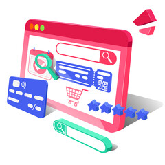 Order tickets online.  3d model of a computer screen with a ticket search service, a bank card, and a magnifying glass. Vector graphics on a white background