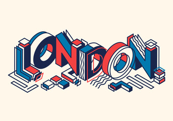 London city lettering isometric stock vector illustration. Creative retro lettering print for t-shirt, fabric, textile, poster. London colorful blue red white concept emblem, latin bolt typography