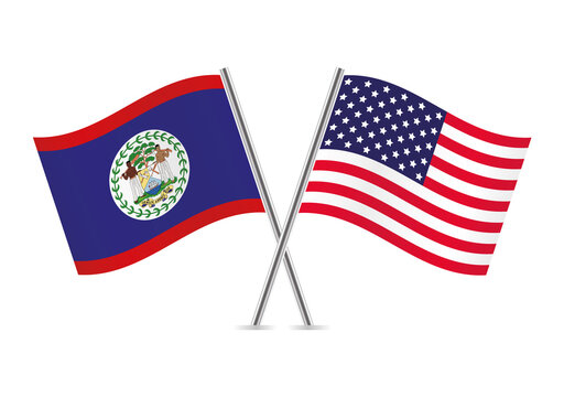 Belize and America crossed flags. Belizean and American flags on white background. Vector icon set. Vector illustration.