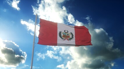 Peruvian flag on a flagpole waving in blue cloudy sky. Peru concept. 3d illustration
