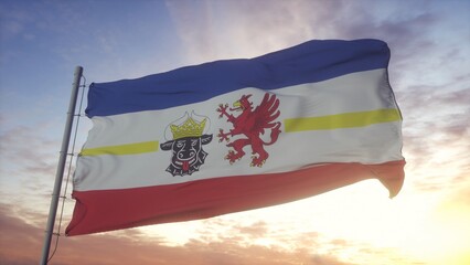 Mecklenburg-Western Pomerania flag, Germany, waving in the wind, sky and sun background. 3d illustration - obrazy, fototapety, plakaty