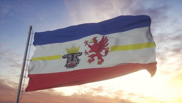 Brandenburg flag, Germany, waving in the wind, sky and sun