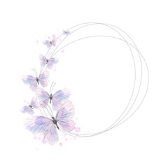 Oval frame, delicate, thin with airy purple butterflies and splashes of paint. Watercolor illustration. For the design and decoration of postcards, posters, invitations, souvenirs, banners. © NATASHA-CHU