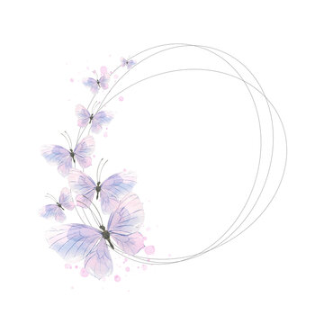 Oval frame, delicate, thin with airy purple butterflies and splashes of paint. Watercolor illustration. For the design and decoration of postcards, posters, invitations, souvenirs, banners.