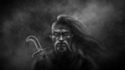 Angry Cossack on background of stormy sky. 2D illustration in dark fantasy genre. Ancient warrior with saber on his back. Digital drawing concept. Coal and noise effect. Black and white background.