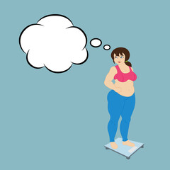Fat overweight woman stands on the scales and thinks about losing weight. Fitness program or diet. Vector illustration.