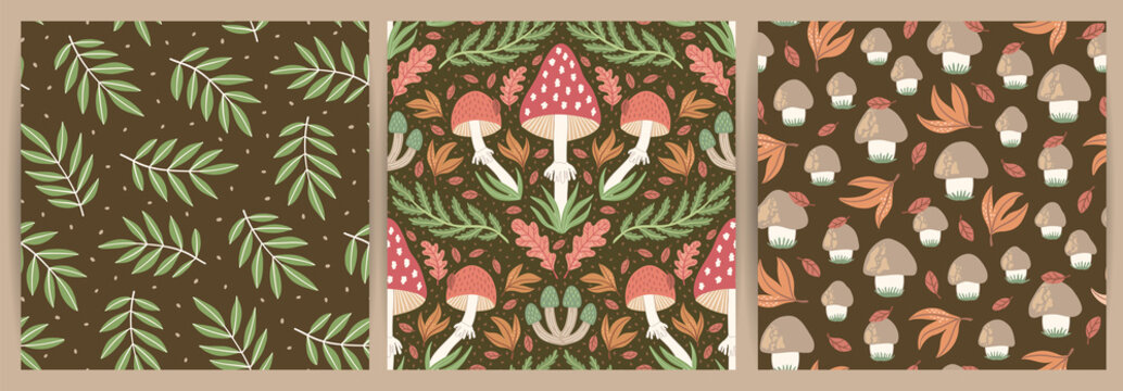 Set of hand-drawn seamless patterns with wild mushrooms and autumn leaves. Colorful seasonal illustration for paper and gift wrap. Fabric print design. Creative stylish background.