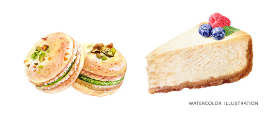 Sweet desserts watercolor isolated on white background. Cheesecake, macarons