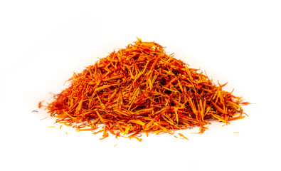 Fototapeta premium Saffron spice, pistils and stigmas of a crocus flower close-up on a white background. Indian and Arabic spices for cooking. Medicinal herbs and spices.
