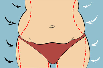 Woman fat belly with dotted line. Vector illustration. Weight and health problem concept.