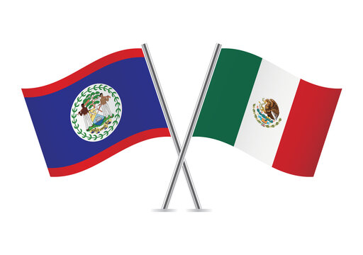 Belize and Mexico crossed flags. Belizean and Mexican flags on white background. Vector icon set. Vector illustration.