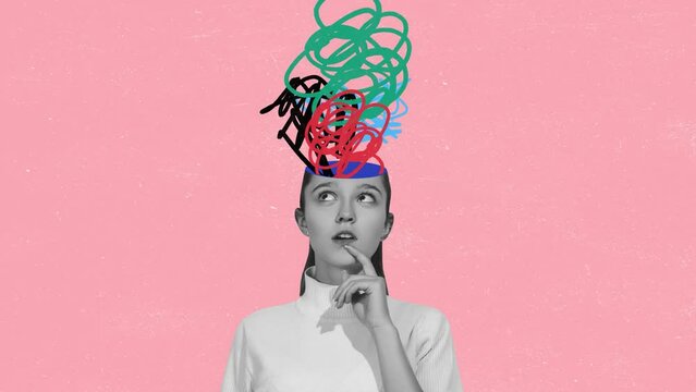 Young girl with chaos in her head and hurricane of thoughts. Modern design, contemporary art collage. Inspiration, idea concept, trendy urban magazine style.