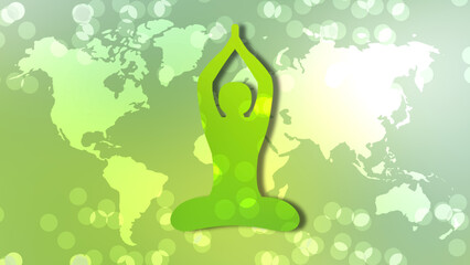 Yoga position on world map with floating circles. Concept for international yoga day and yoga for healthy.