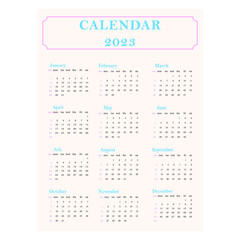 Calendar for 2023. A simple one-page calendar. Beige, pink and blue color.