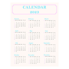 Calendar for 2023. A simple one-page calendar. Beige, pink and blue color.