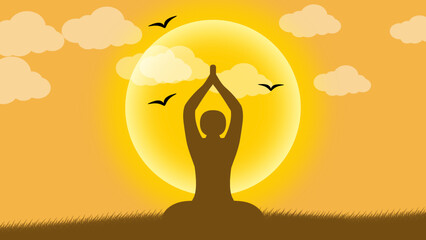 Morning yoga position illustration with clouds and flying birds. Concept for yoga for healthy lifestyle.