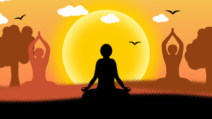 Morning yoga with three different positions, sun birds and tree. Concept for meditation, healthcare and lifestyle.