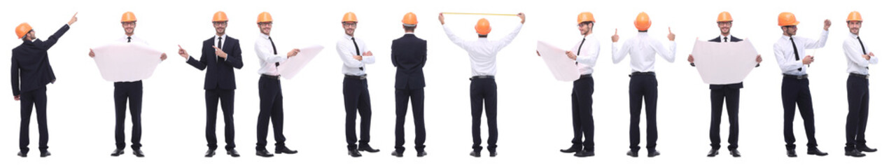 panoramic photo collage of confident architect isolated on white