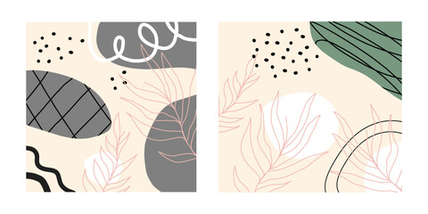 Set Abstract posters in green-beige colors. Vector stock illustration. Modern design