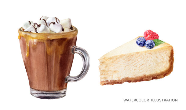 Sweet desserts watercolor isolated on white background. Cheesecake, hot chocolate with marshmallows