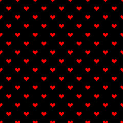 Fototapeta na wymiar Small red hearts isolated on a dark black background. Cute monochrome seamless pattern. Vector simple flat graphic illustration. Texture.