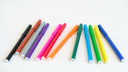 Multicolored felt-tip pens on a white background