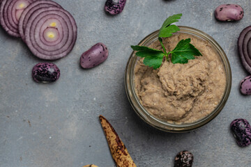 Homemade mushroom and bean paste. Mexican cuisine pate of beans, healthy vegetarian food, banner,...
