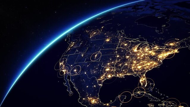 Bright Connections Forming A Network of Hud From North America to Europe. This Video Can Be Used To Represent Concepts Like Technology, Social Networks, Satellite Communications