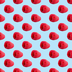 Seamless pattern with ripe raspberry. Berries abstract background. Raspberry pattern for package design with blue background.