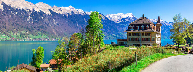 Stunning idylic nature scenery of lake Brienz with turquoise waters. Switzerland, Bern canton. Iseltwald village