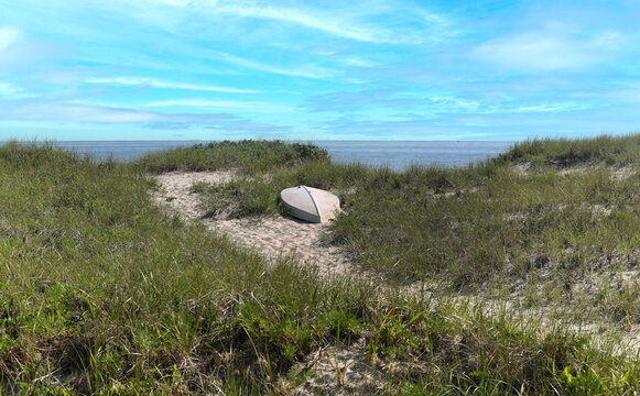 Beach Path With Sunfish Sailboat At Chatham, Cape Cod