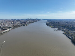 Aerial view of Hudson River and New Jersey and New York with blue sky