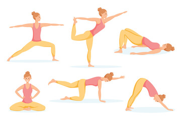 Set of vector isolated illustration, young woman doing yoga or gymnastics, sports poses or asanas.
